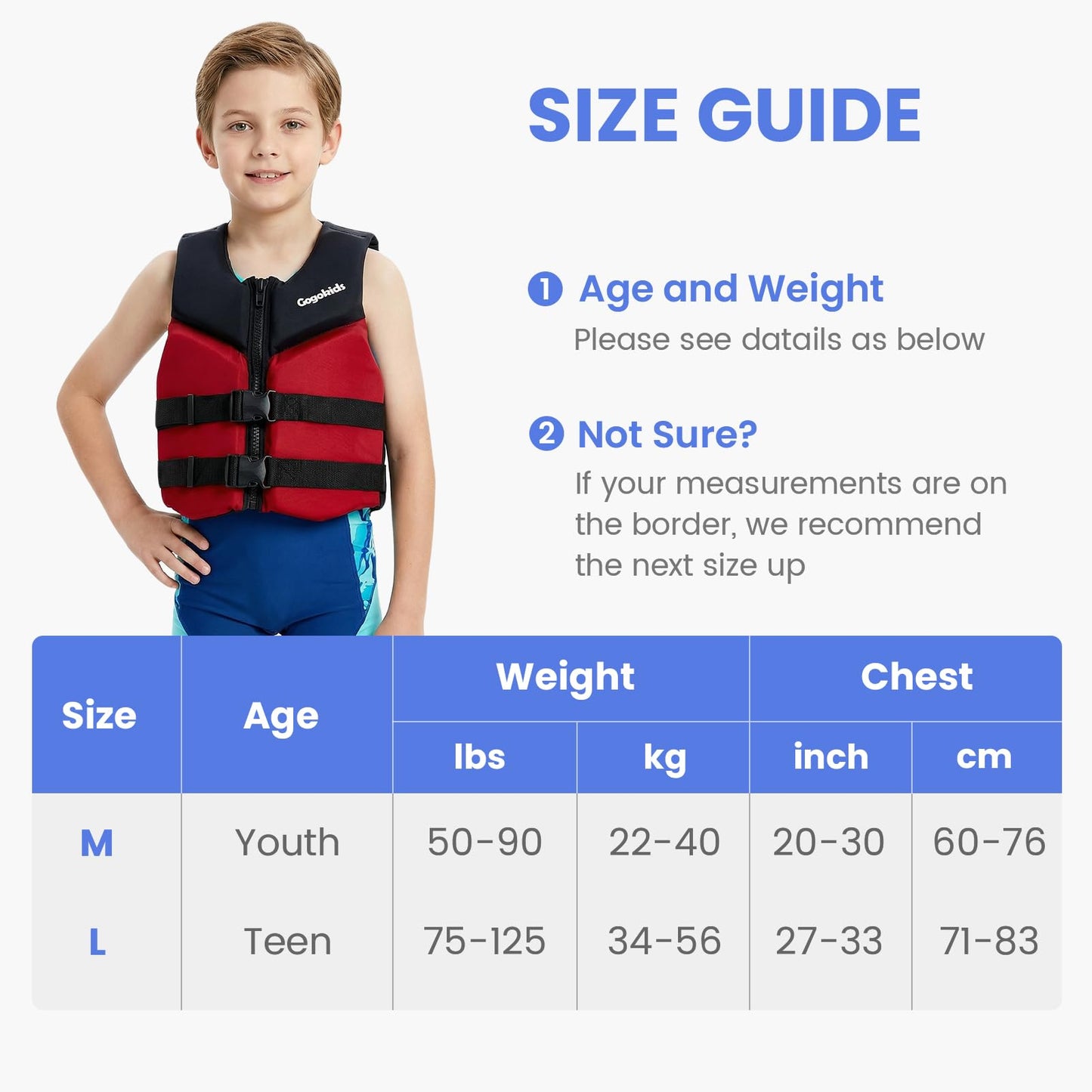 Gogokids Youth Swim Vest for Kids Teens Boys Girls 50-90 lbs & 75-125 lbs, Soft 3D Fabric Swim Jacket, Lightweight Pool Float Vest with Adjustable Straps for Swimming Boating Kayak Beach Water Sports
