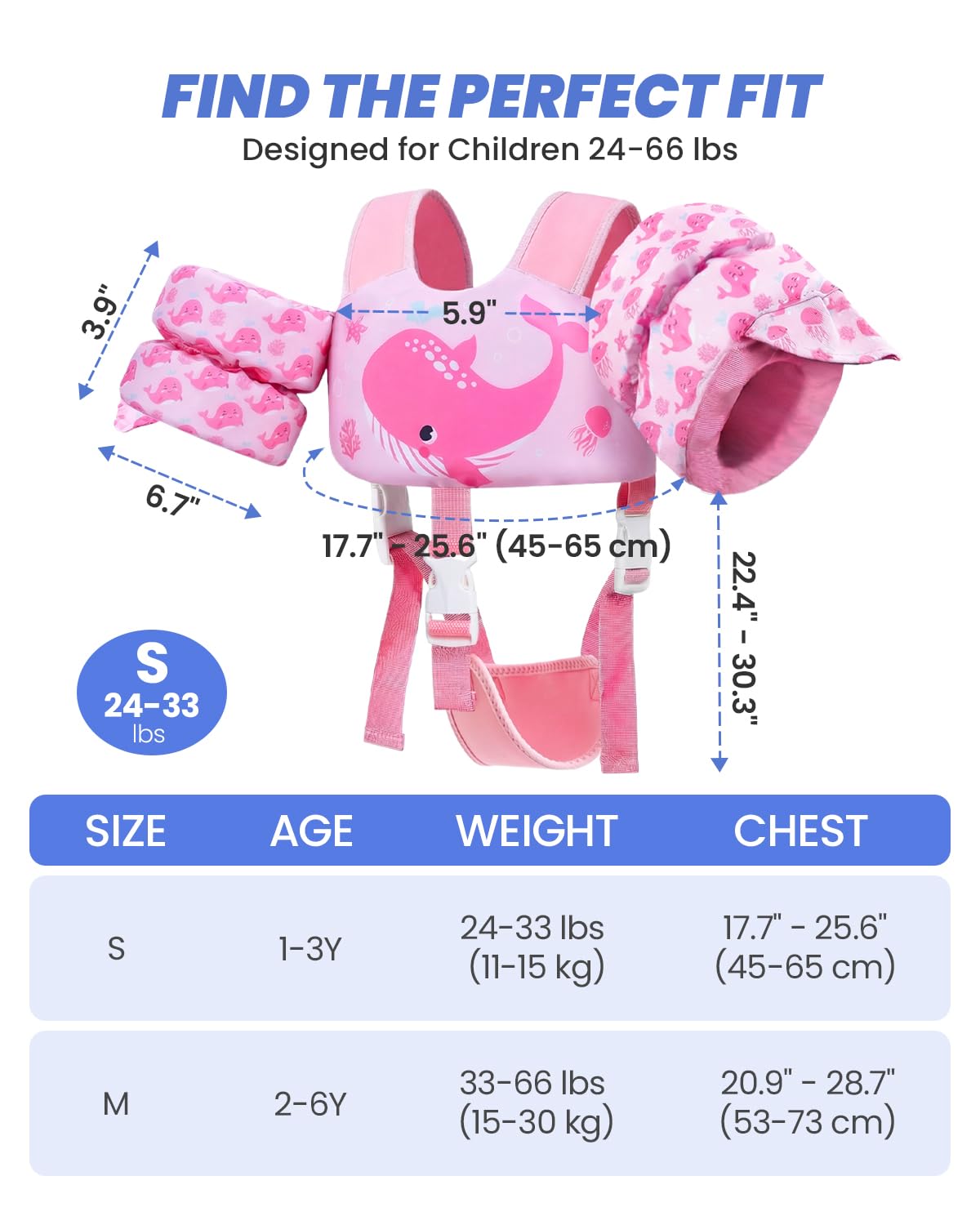 Gogokids 2-in-1 Toddler Swim Vest Pool Floaties for Kids[CPC Certified & Remove Crotch Strap]Puddle Float Jumper 24-66 Pounds, Toddler Arm Floaties Swim Jacket Water Wings for kids Boys Girls Swimmies
