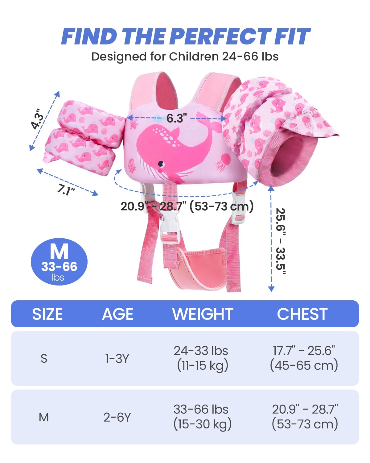 Gogokids 2-in-1 Toddler Swim Vest Pool Floaties for Kids[CPC Certified & Remove Crotch Strap]Puddle Float Jumper 24-66 Pounds, Toddler Arm Floaties Swim Jacket Water Wings for kids Boys Girls Swimmies