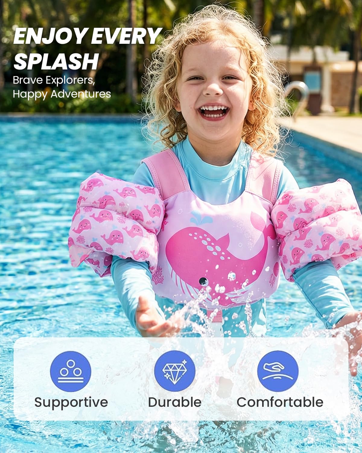 Gogokids 2-in-1 Toddler Swim Vest Pool Floaties for Kids[CPC Certified & Remove Crotch Strap]Puddle Float Jumper 24-66 Pounds, Toddler Arm Floaties Swim Jacket Water Wings for kids Boys Girls Swimmies