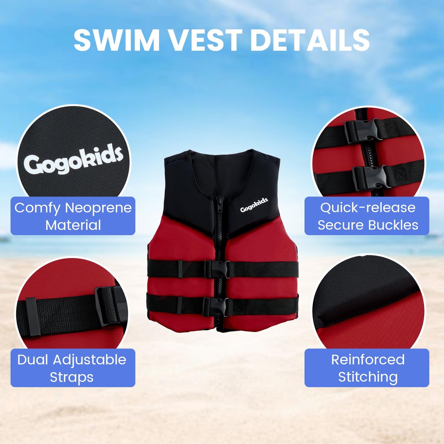 Gogokids Youth Swim Vest for Kids Teens Boys Girls 50-90 lbs & 75-125 lbs, Soft 3D Fabric Swim Jacket, Lightweight Pool Float Vest with Adjustable Straps for Swimming Boating Kayak Beach Water Sports