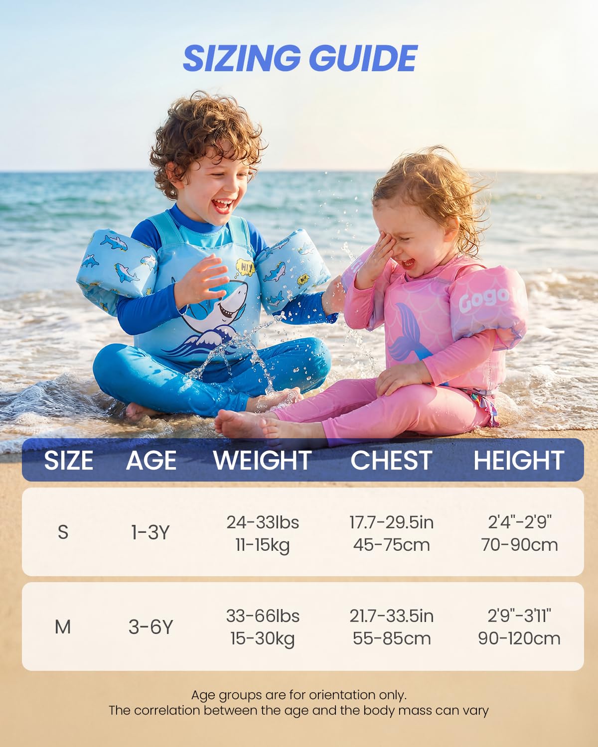 Gogokids Toddler Swim Vest for Kids 24-66 lbs, Swimming Pool Floats Vest[CPC Certified & Adjustable Fit] Toddler Arm Floaties Swim Jacket Water Wings for Beach Puddle Pool Jumper Boys Girls 1-6 Years