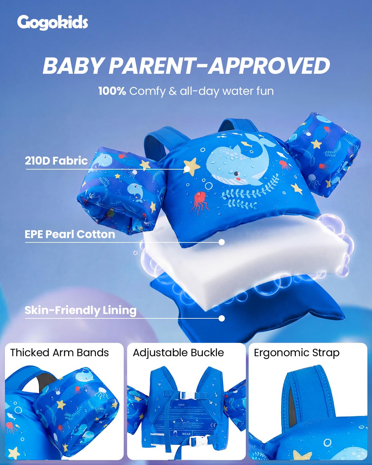 Gogokids Toddler Swim Vest for Kids 24-66 lbs, Swimming Pool Floats Vest[CPC Certified & Adjustable Fit] Toddler Arm Floaties Swim Jacket Water Wings for Beach Puddle Pool Jumper Boys Girls 1-6 Years