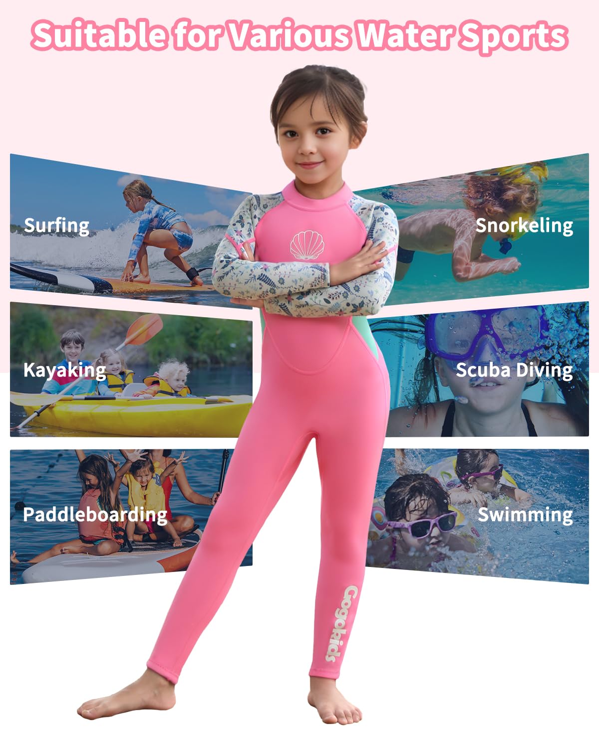 Gogokids Kids Wetsuit, Youth 2.5mm Neoprene Thermal Full Wet Suits, Girls Long Sleeve Back Zip Sun Protection Swimsuits for Water Sports, Diving, Swimming, Surfing Lessons, Keep Warm