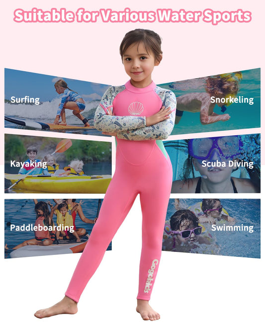 Gogokids Kids Wetsuit, Youth 2.5mm Neoprene Thermal Full Wet Suits, Girls Long Sleeve Back Zip Sun Protection Swimsuits for Water Sports, Diving, Swimming, Surfing Lessons, Keep Warm
