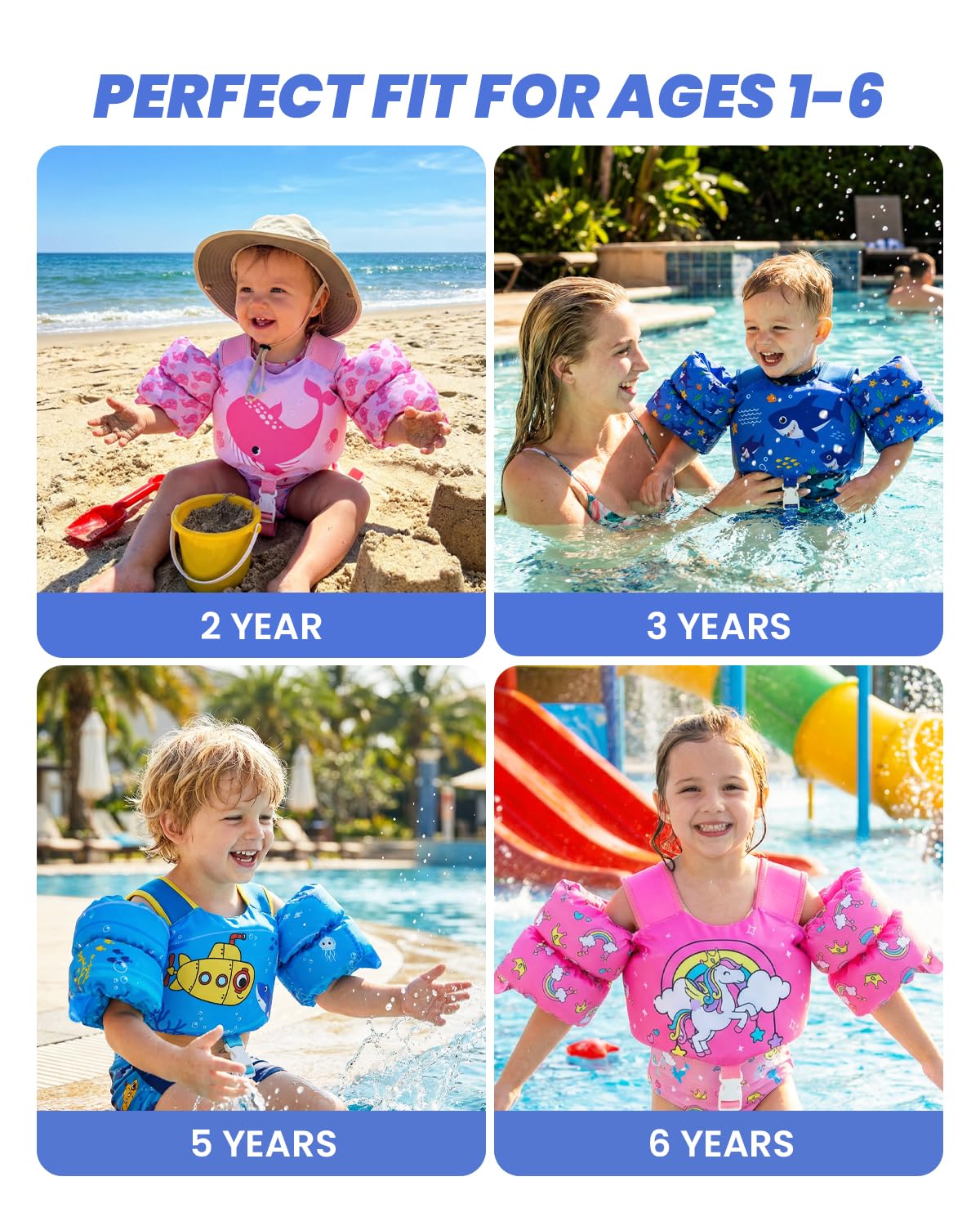 Gogokids 2-in-1 Toddler Swim Vest Pool Floaties for Kids[CPC Certified & Remove Crotch Strap]Puddle Float Jumper 24-66 Pounds, Toddler Arm Floaties Swim Jacket Water Wings for kids Boys Girls Swimmies